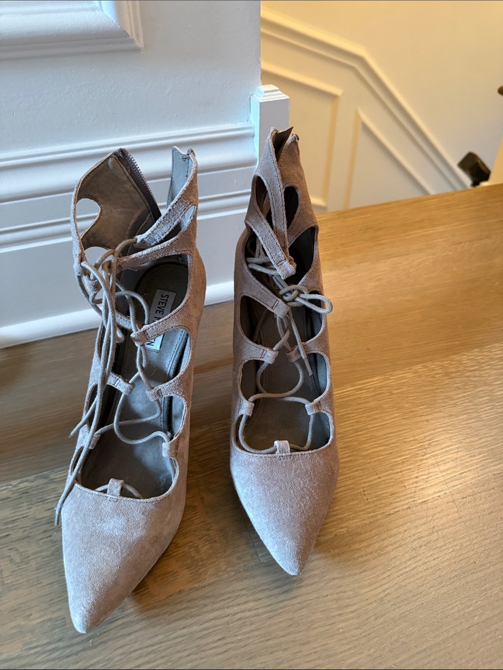 Steve Madden Lace-Up Pointed Suede Heels in Taupe